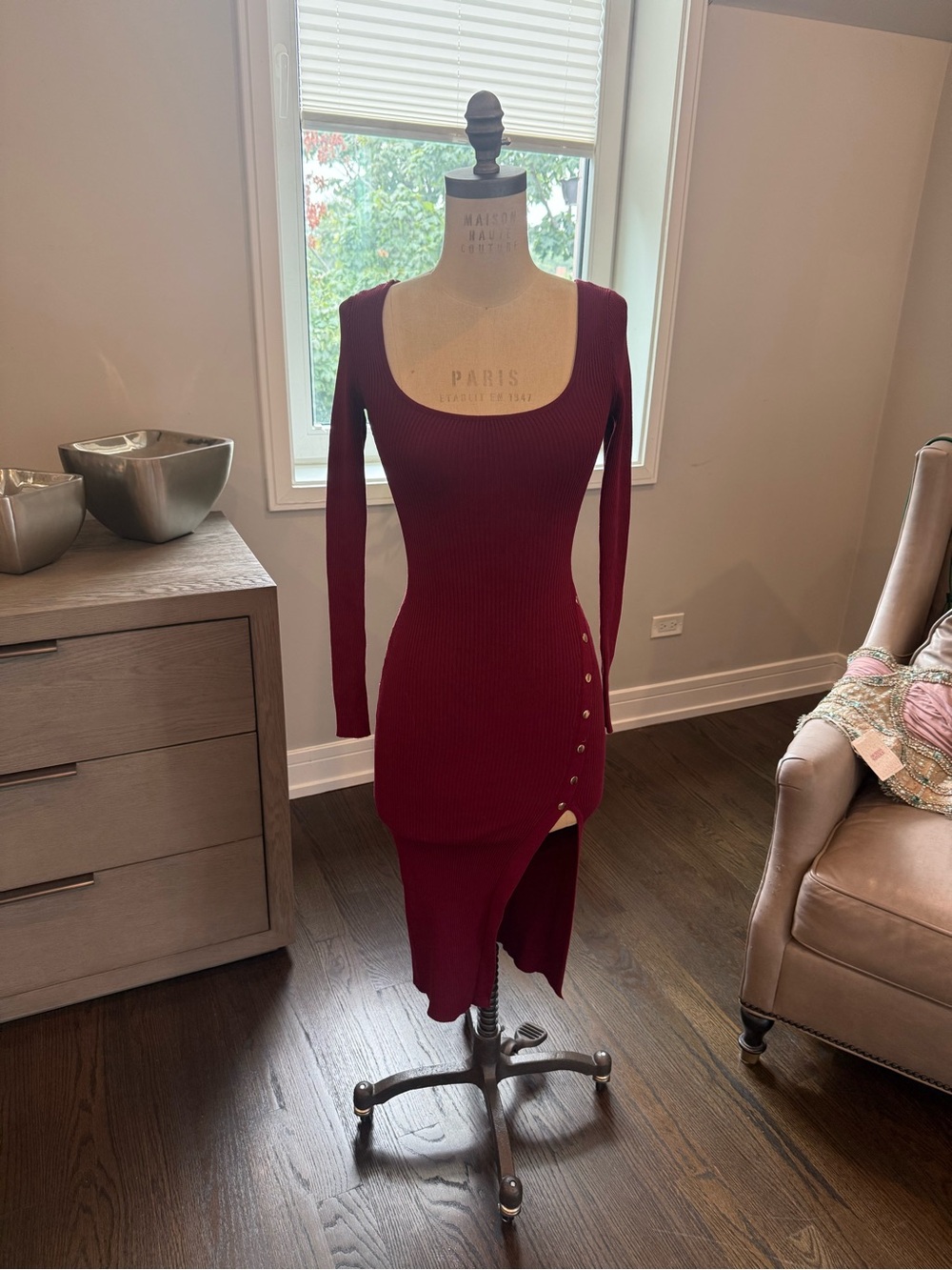 Windsor Burgundy Ribbed Long Sleeve Midi Dress with Side Button Slit